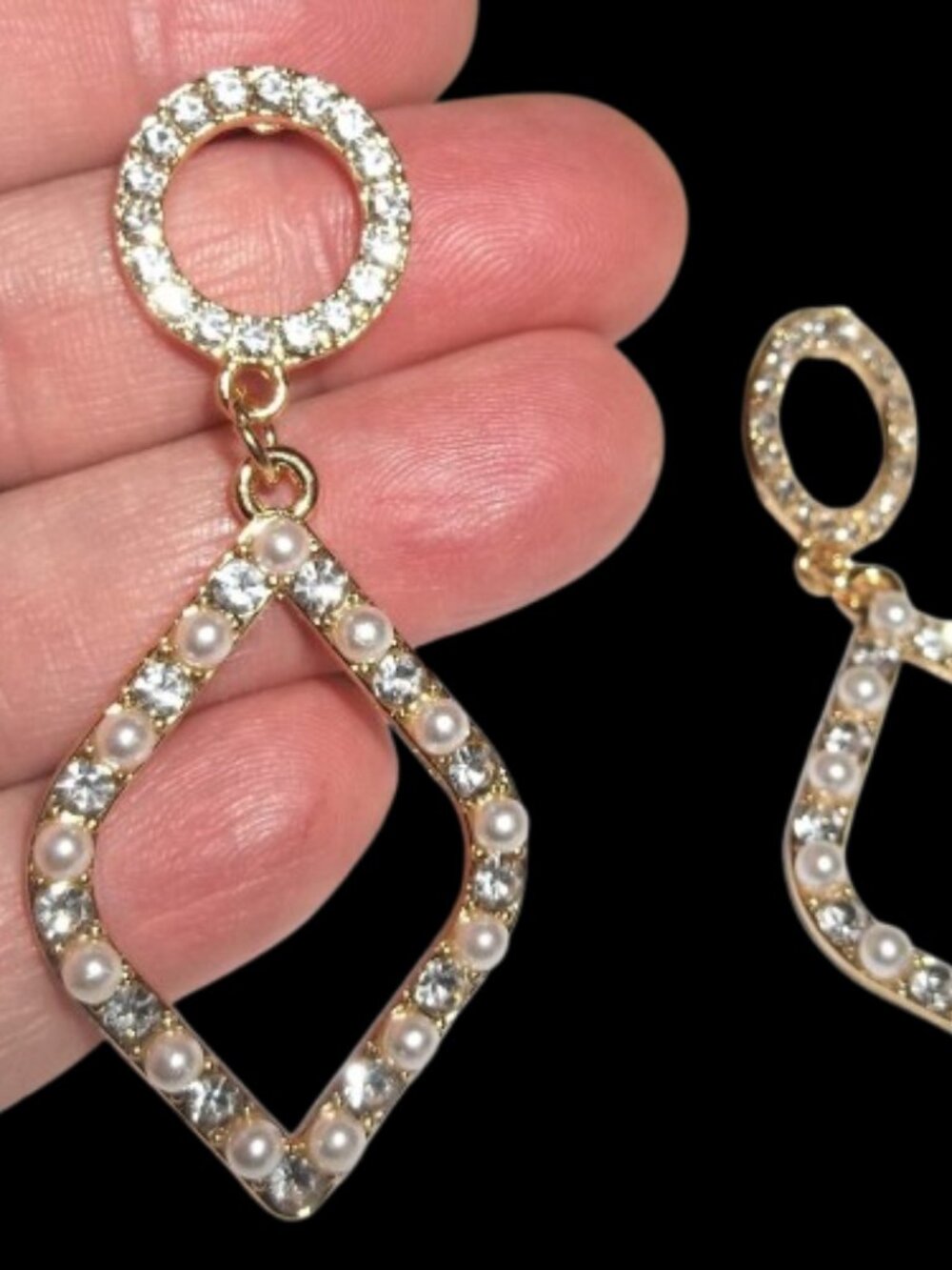 Earrings Faux Diamond Gold-tone Pearl Post Stud Large Drop Earrings